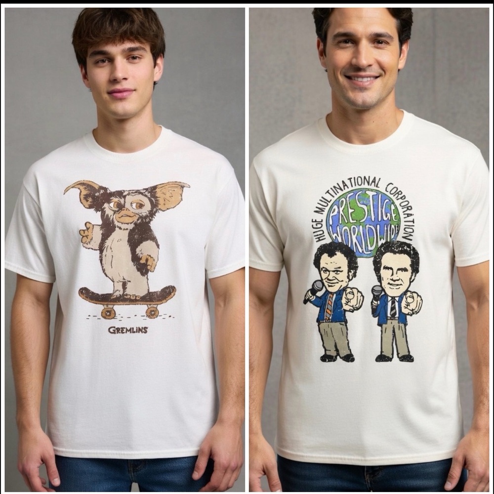 Bundle of 2 Men’s Graphic T Shirts Gremlins Movie Skateboarding & Stepbrothers